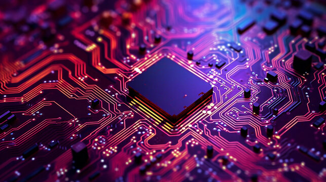 close up computer chip processor with luminent colors