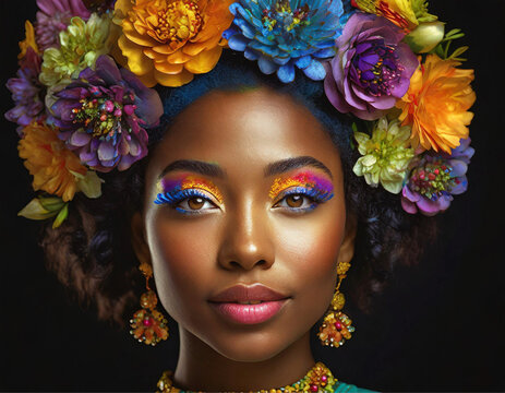 Close up no rosto de uma mulher negra, bonita, maquiada, com tiara de flores diversas na cabe&ccedil;a,