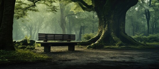 A wooden park bench is placed in the middle of a dense forest, surrounded by tall trees and green foliage. The bench offers a place to rest and enjoy the natural surroundings. - obrazy, fototapety, plakaty