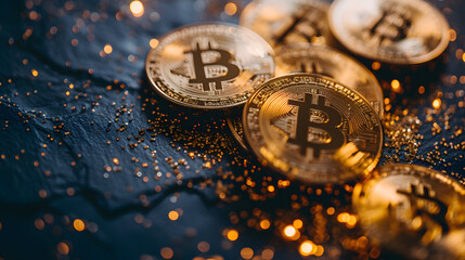 Bitcoin cryptocurrency coin on gold background. Cryptocurrency and finance concept.Glistening Bitcoins Amidst Golden Lights