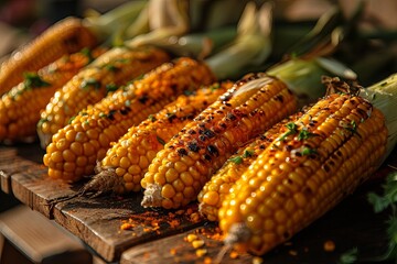 Delicious grilled fresh corn background. Cooked corn cobs with herbs and spices on barbecue grill. - Powered by Adobe