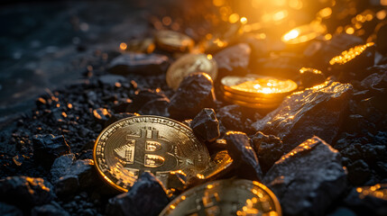 Bitcoin cryptocurrency coin on gold background. Cryptocurrency and finance concept.Glistening Bitcoins Amidst Golden Lights