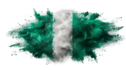 Nigeria flag colours powder exploding on isolated background