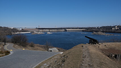Dnieper Hydroelectric Station. View from the island Khortytsya. Zaporozhia, Ukraine