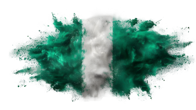 Nigeria flag colours powder exploding on isolated background