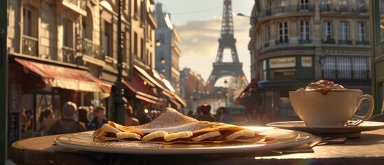 Delicious crepe with bananas on a Paris street, Eiffel Tower in the background, capturing the essence of French cuisine and culture. - obrazy, fototapety, plakaty