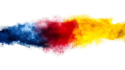 Romania flag colours powder exploding on isolated background