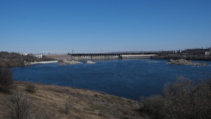 Dnieper Hydroelectric Station. View from the island Khortytsya. Zaporozhia, Ukraine