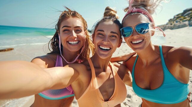 Group of happy friends taking selfie photo with smartphone in summer vacation - Young people having fun together at aqua park - Focus on left woman face - Youth lifestyle, holidays concept