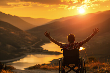 A rear view of a boy with his arms up in the air, sitting in a wheelchair against a beautiful landscape at sunset 