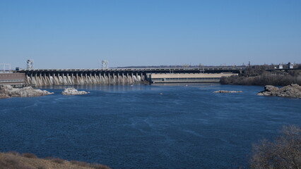 Fototapeta na wymiar Dnieper Hydroelectric Station. View from the island Khortytsya. Zaporozhia, Ukraine
