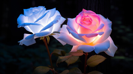 Jolies roses de jardin, colorées. De couleur rose et blanc. Nature, fleurs, beauté. Coucher de soleil. Lumière tamisée, printemps. Pour conception et création graphique.