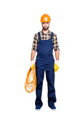 Full size fullbody portrait, snap of handsome strict electrician with bristle in overall, shirt,...