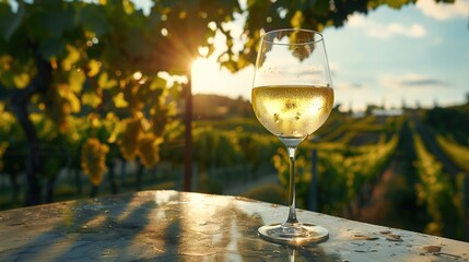 A pristine glass filled with chilled sauvignon blanc, glistening in the sunlight, placed on a marble countertop beside a lush vineyard. - obrazy, fototapety, plakaty