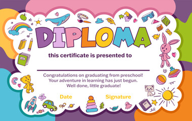 Colorful school and preschool diploma certificate for kids and children in kindergarten or primary grades with doodle elements on blue background. Vector cartoon flat illustration