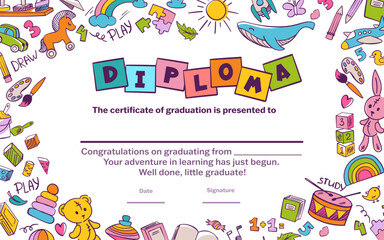 Colorful school and preschool diploma certificate for kids and children in kindergarten or primary grades with doodle elements on blue background. Vector cartoon flat illustration