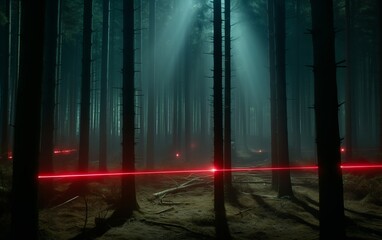 Laser lights in the forest. Moody forests. Party, light company or event company concept.