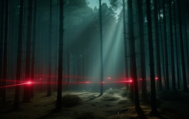 Laser lights in the forest. Moody forests. Party, light company or event company concept.
