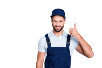Portrait of cheerful positive deliver in blue uniform with stubble showing thumb up with finger looking at camera isolated on grey background