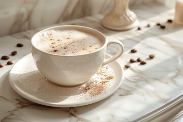 A large cup of aromatic cappuccino on a marble surface. Fragrant latte in a ceramic mug on a light background. Coffee with cinnamon.