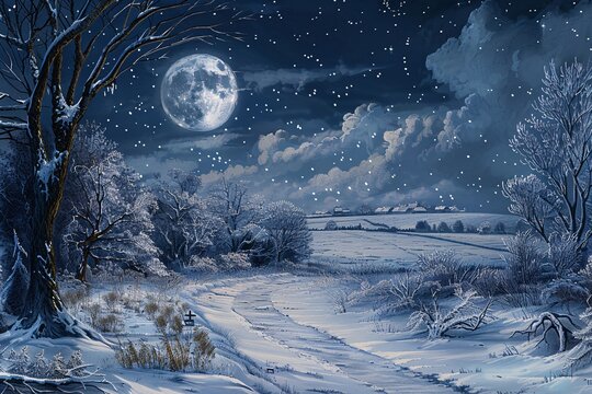a snowy landscape with a full moon