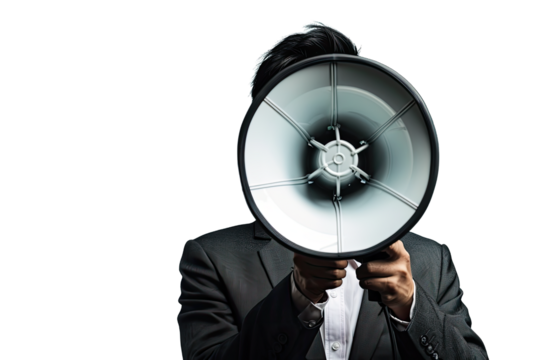 Young asian man in suit with glasses screaming for the megaphone.
