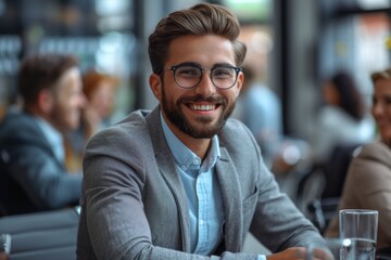 Young smiling guy sitting at a table in a cafe - obrazy, fototapety, plakaty