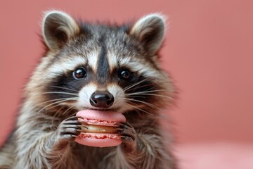 Obraz premium A curious raccoon holds a pink macaron between its paws, ready to take a bite.
