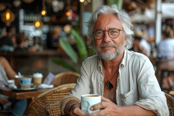 A respectable gray-haired man of 35 years old in summer clothes is drinking coffee in a coffee shop.