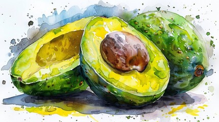 Avocado painted in watercolor