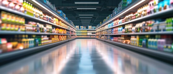Abstract supermarket aisle with colorful shelves and unrecognizable customers as background - obrazy, fototapety, plakaty