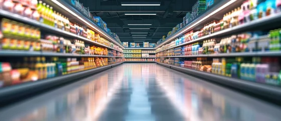 Abstract supermarket aisle with colorful shelves and unrecognizable customers as background © Ruslan Gilmanshin