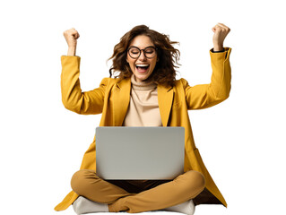 Happy student sit with notebook on the leg, Transparent background