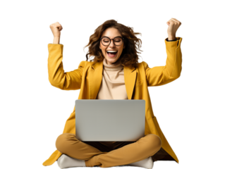 Happy student sit with notebook on the leg, Transparent background