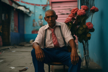 Man in shirt and tie posing next to bouquet of flowers on the street. Concept of traditional Mexican culture and lifestyle.