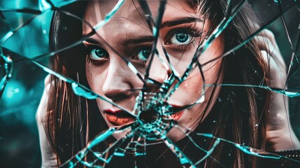 Girl in a broken mirror. Young woman in the reflection of a broken mirror
