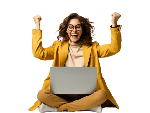 Happy student sit with notebook on the leg, Transparent background