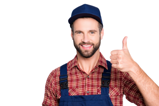 Close up portrait of handsome confident mechanic with stubble in shirt, overall, showing thumbup recommend approve advice sign, isolated on grey background