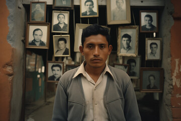 Young boy posing in front of photos of his ancestors. Concept of traditional Mexican culture and lifestyle.