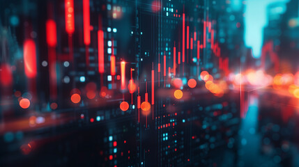 This image depicts a glowing big data forex candlestick chart on a blurry dark background. It symbolizes the intricate analysis and visualization of financial data in the forex market