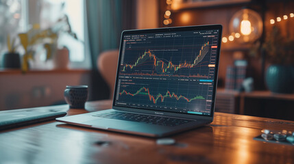 A laptop screen displaying cryptocurrency trading, reflecting the dynamic and digital nature of financial transactions in the digital currency market. - obrazy, fototapety, plakaty