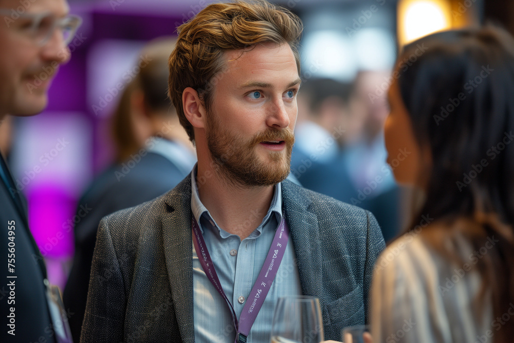 Wall mural delegates networking at a conference drinks reception. attendees engage in professional interaction 