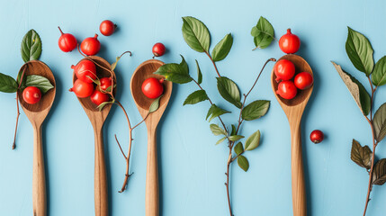 Wooden spoons adorned with fresh rose hip berries and leaves on a rustic surface, presenting a vibrant and organic culinary arrangement perfect for autumn-inspired cooking - obrazy, fototapety, plakaty