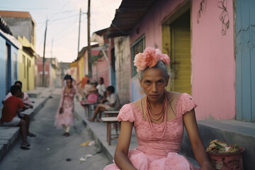 Portrait of elderly lady with flowers and pink dress with people out of focus in the background. Concept of traditional Mexican culture and lifestyle. - obrazy, fototapety, plakaty