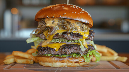 This image showcases a mouthwatering double smash burger with cheese, lettuce, and onion. The...