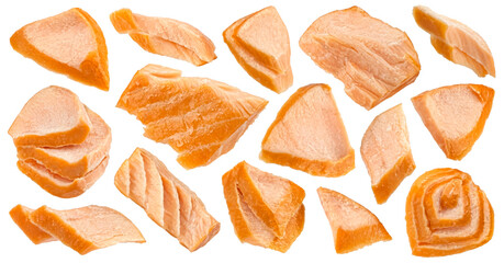 Hot smoked salmon pieces isolated on white background - 755605174
