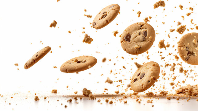 A delightful image featuring a pile of cake crumbs and cookies flying, isolated on a white background with clipping.