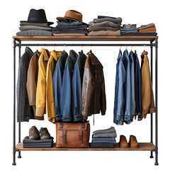 Wardrobe rack with different stylish clothes, hats, and shoes isolated on transparent background.