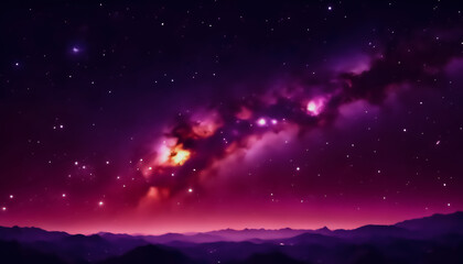 Illustration of Beautiful Red Night Sky Landscape. Sunset in the Horizon of a plain lowland Wallpaper.