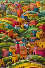 A cheerful countryside filled with rainbow-hued structures